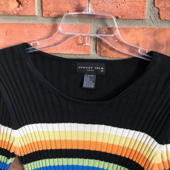 August Silk Ribbed 100% Silk Knit Sweater Top Stretch Crew Stripes Rainbow Black - Picture 5 of 11